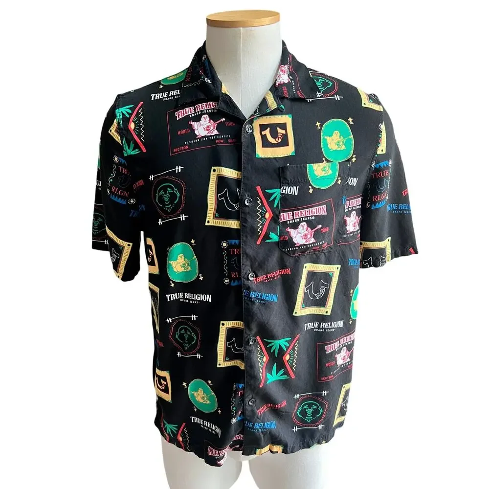 True Religion resort wear print collar black button down shirt size L